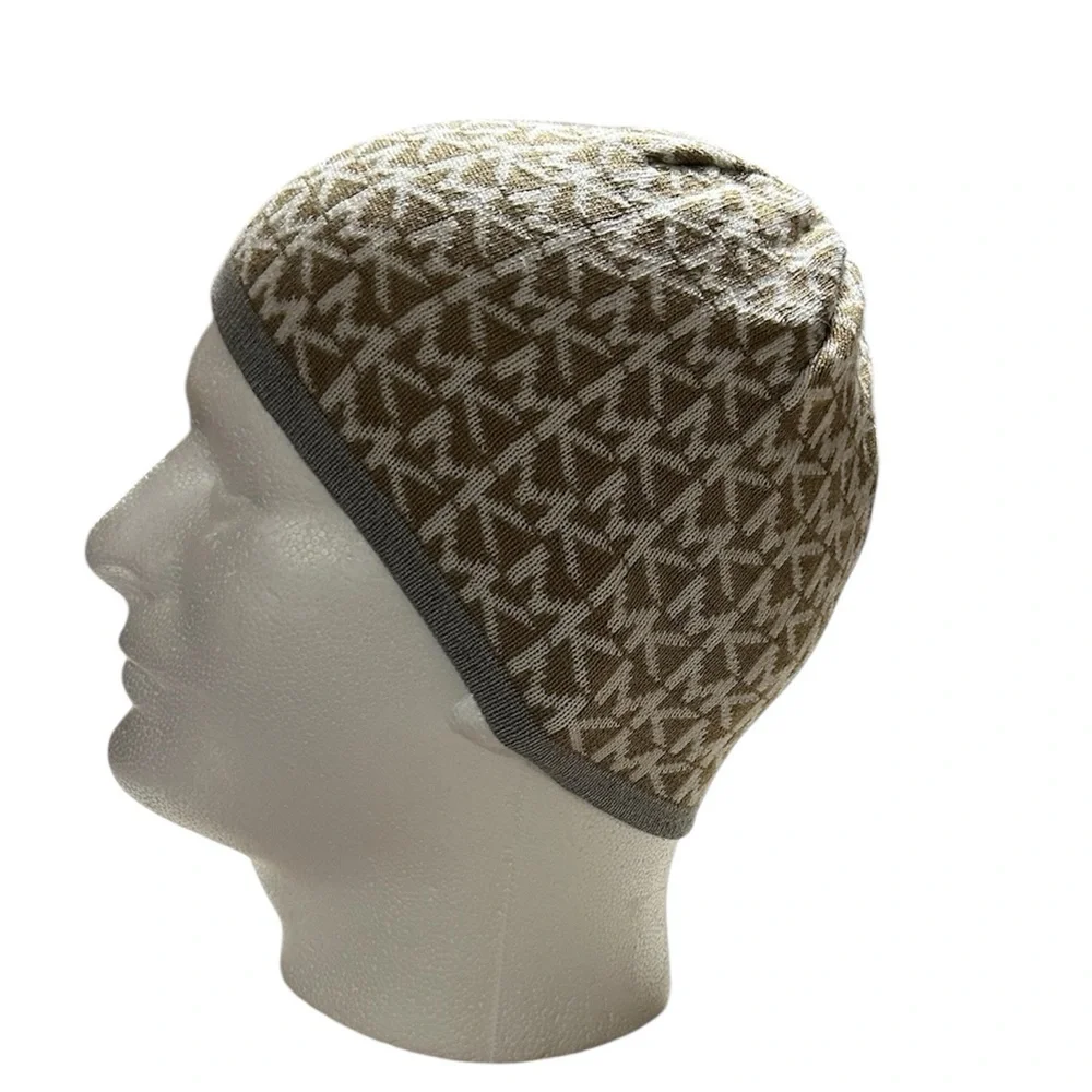 Michael Kors Gold & Cream Logo MK Patterned Beanie